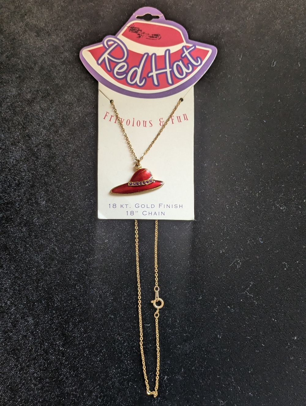 Vintage Red Hat Enamel Gold-Finish Hat Pendant Necklace 18" Chain